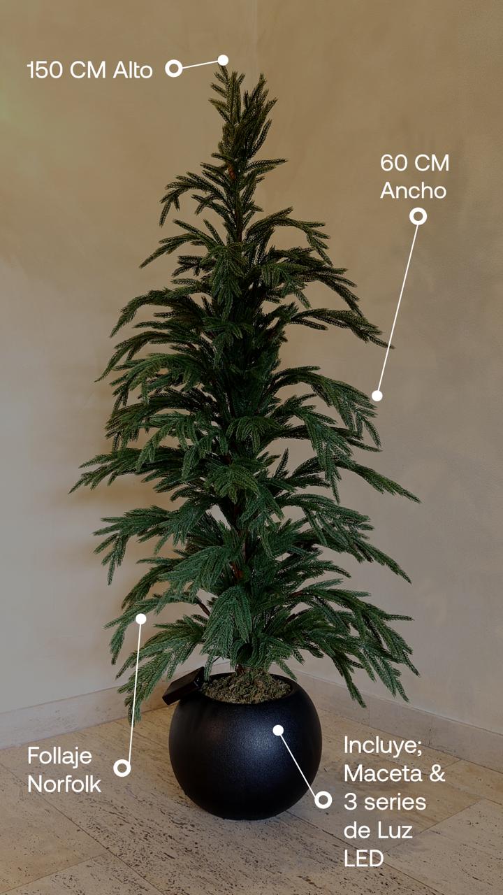 Árbol de Navidad 2025 Norfolk 150cm con maceta negra y luces LED – Suave al tacto, calidad premium