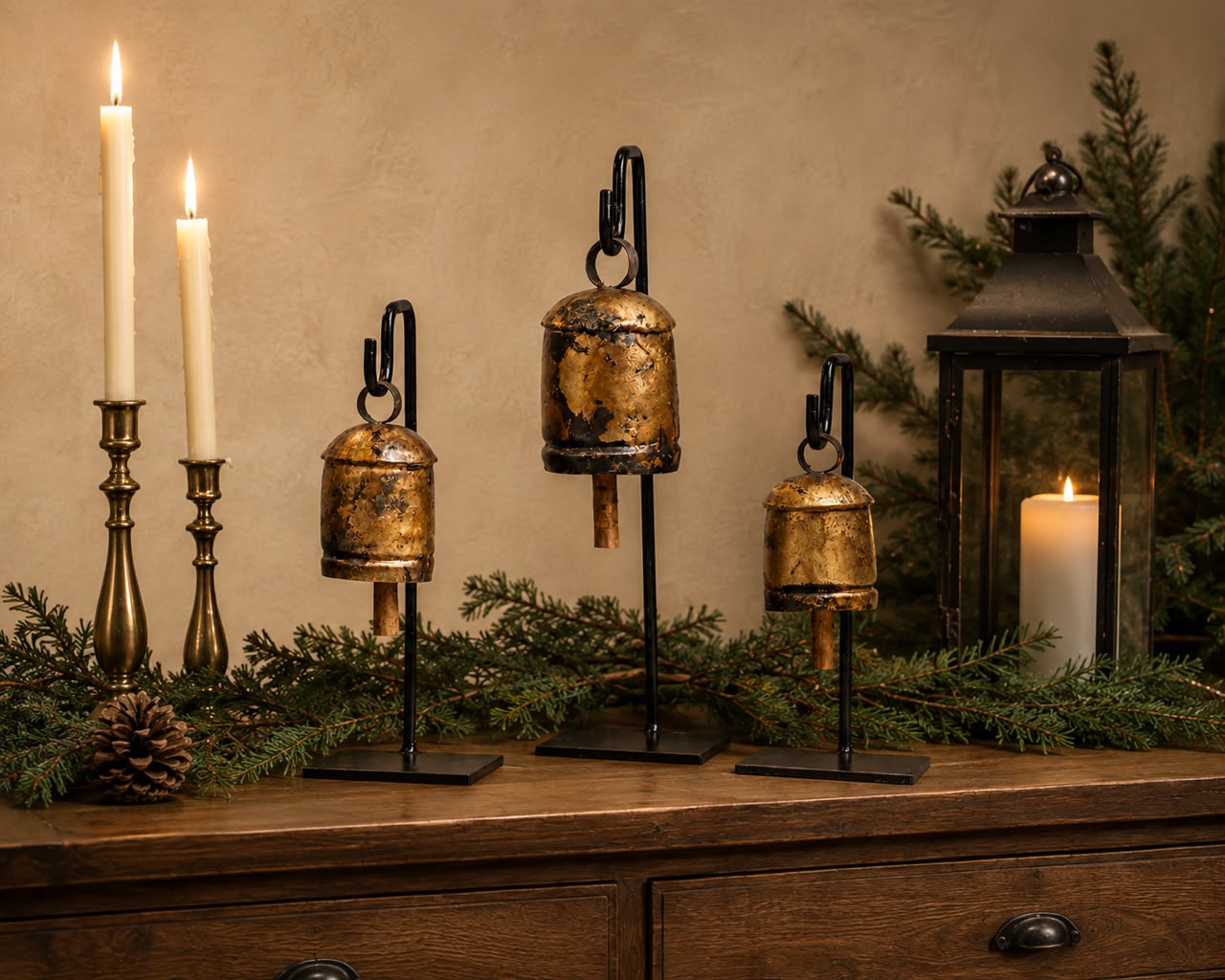 Set de 3 Campanas de Metal Avejentado – Dorado Bronce