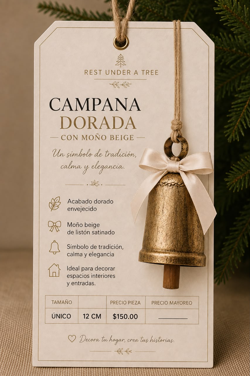 Campana Dorada con Moño Beige  – 12CM