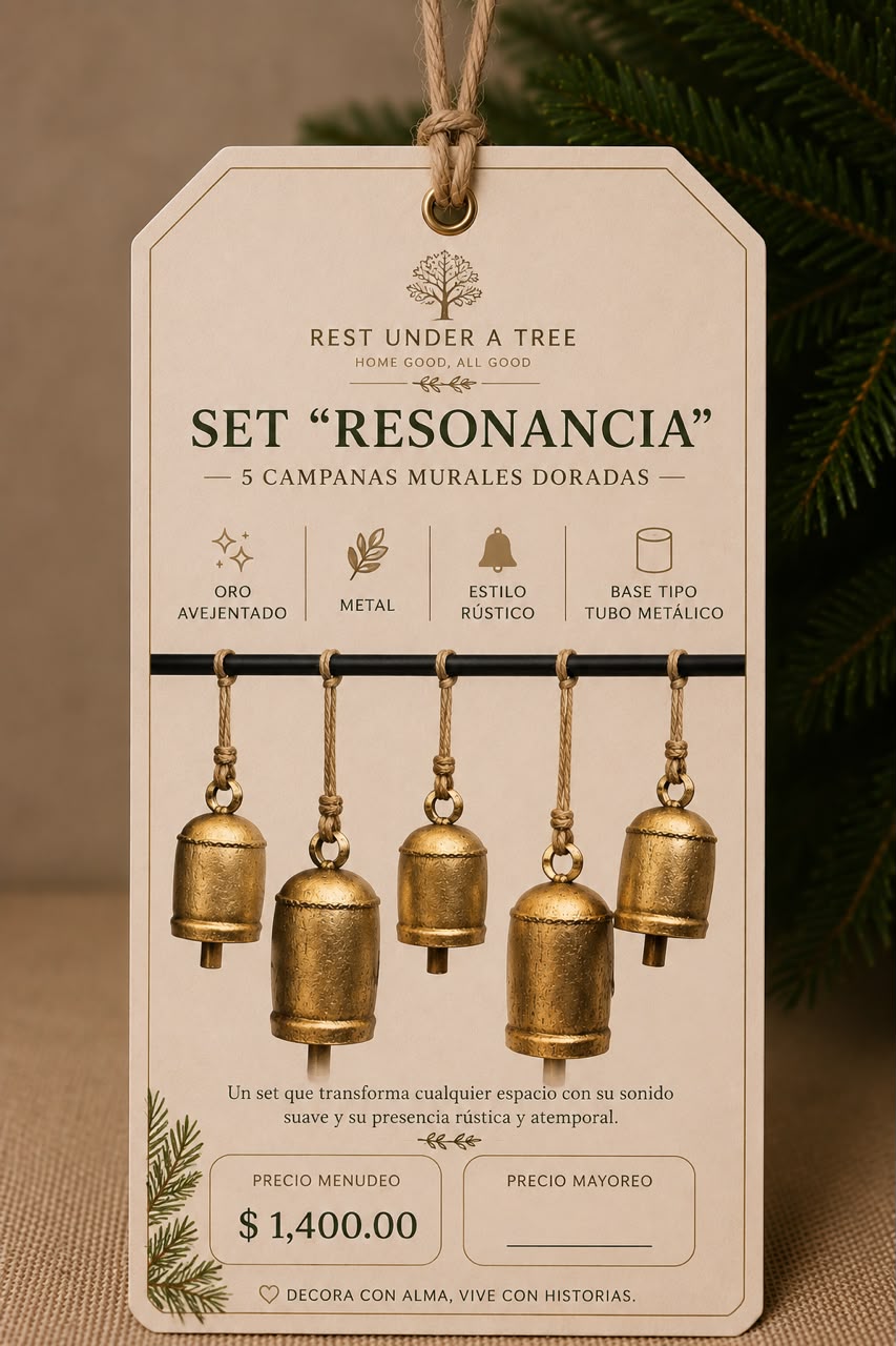 Set “Resonancia” – 5 Campanas Murales Doradas
