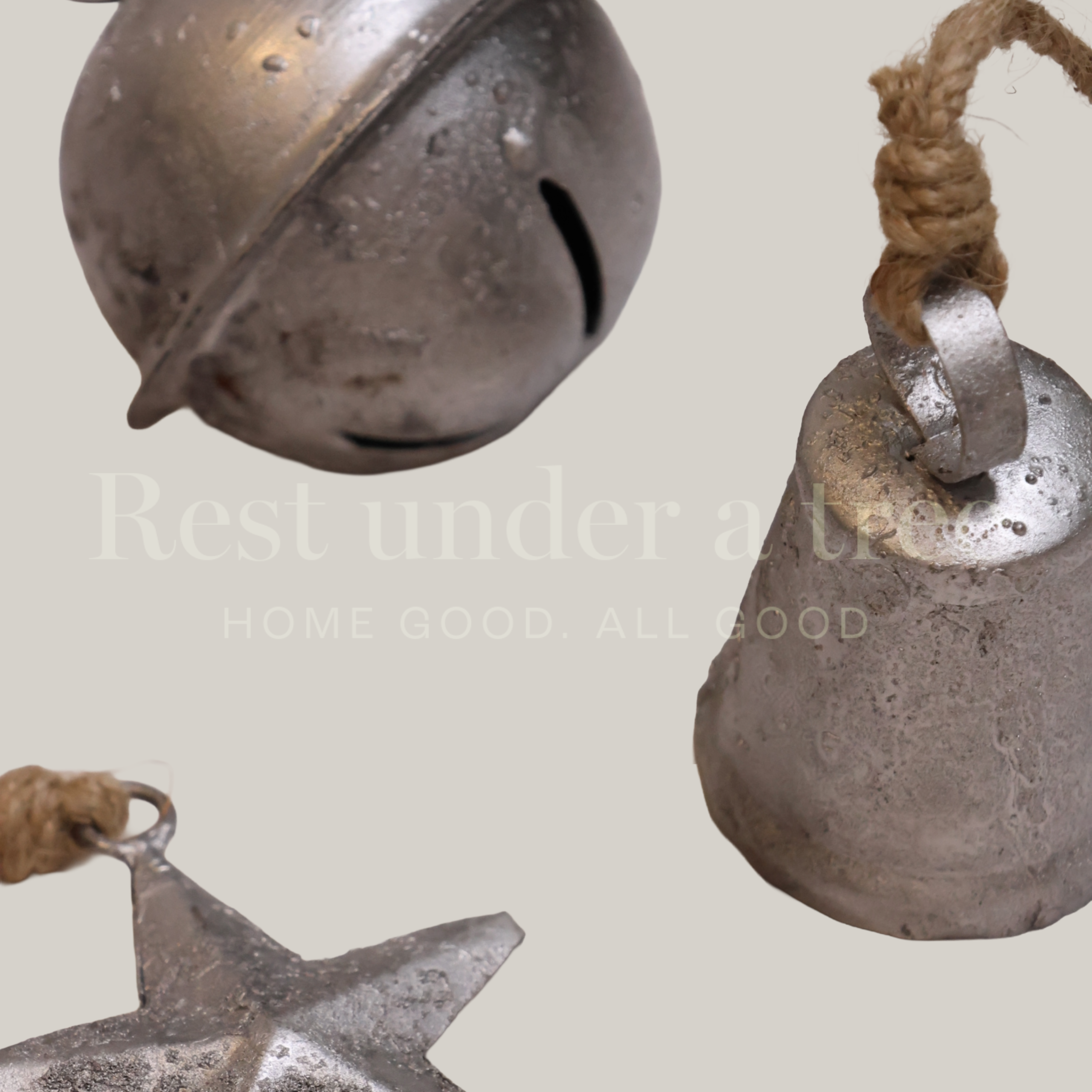 Trío de Adornos Navideños Plateados – Estrella, Campana y Cascabel Rústico